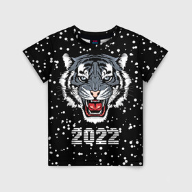 Детская футболка 3D с принтом Черный водяной тигр 2022 в Санкт-Петербурге, 100% гипоаллергенный полиэфир | прямой крой, круглый вырез горловины, длина до линии бедер, чуть спущенное плечо, ткань немного тянется | Тематика изображения на принте: 2022 | beast | black water tiger | fangs | merry christmas | new year | predator | snow | stern grin | winter | year of the tiger | год тигра | зверь | зима | клыки | новый год | снег | суровый оскал | хищник | черный водяной тигр