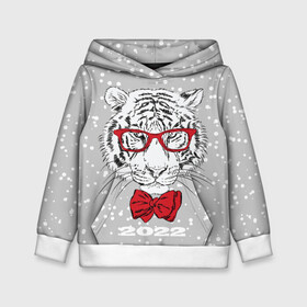 Детская толстовка 3D с принтом Белый тигр с красным бантом в Санкт-Петербурге, 100% полиэстер | двухслойный капюшон со шнурком для регулировки, мягкие манжеты на рукавах и по низу толстовки, спереди карман-кенгуру с мягким внутренним слоем | 2022 | animal | fangs | merry christmas | new year | predator | red bow | severe grin | snow | white water tiger | winter | year of the tiger | белый водяной тигр | год тигра | зверь | зима | клыки | красный бант | новый год | очки | снег | суро