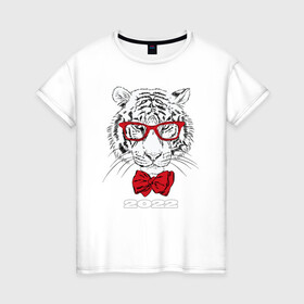 Женская футболка хлопок с принтом Белый тигр в красных очках в Санкт-Петербурге, 100% хлопок | прямой крой, круглый вырез горловины, длина до линии бедер, слегка спущенное плечо | Тематика изображения на принте: 2022 | beast | bow tie | fangs | merry christmas | new year | predator | stern grin | white water tiger | year of the tiger | белый водяной тигр | галстук бабочка | год тигра | зверь | клыки | красные очки | новый год | суровый оскал | хищни