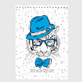 Скетчбук с принтом Белый тигр в синей шляпе в Санкт-Петербурге, 100% бумага
 | 48 листов, плотность листов — 100 г/м2, плотность картонной обложки — 250 г/м2. Листы скреплены сверху удобной пружинной спиралью | 2022 | beast | blue hat | bow | merry christmas | new year | predator | snow | white water tiger | winter | year of the tiger | бант | белый водяной тигр | год тигра | зверь | зима | новый год | очки | синяя шляпа | снег | хищник
