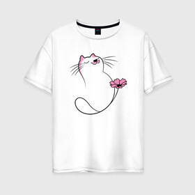 Женская футболка хлопок Oversize с принтом Котик с цветком в Санкт-Петербурге, 100% хлопок | свободный крой, круглый ворот, спущенный рукав, длина до линии бедер
 | cat | звери | кот | котенок | котик | кошка | подарок | цветок