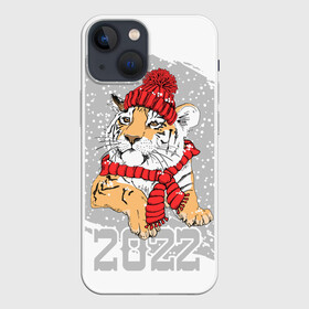 Чехол для iPhone 13 mini с принтом Тигр в красной шапке в Санкт-Петербурге,  |  | 2022 | beast | merry christmas | new year | predator | proud tiger | red hat | scarf | snow | winter | year of the tiger | год тигра | гордый тигр | зверь | зима | красная шапка | новый год | снег | хищник | шарф