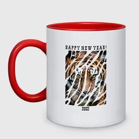 Кружка двухцветная с принтом Happy New Year Tiger в Санкт-Петербурге, керамика | объем — 330 мл, диаметр — 80 мм. Цветная ручка и кайма сверху, в некоторых цветах — вся внутренняя часть | 2022 | amur tiger | beast | happy new year | merry christmas | new year | predator | stern look | year of the tiger | амурский тигр | год тигра | зверь | новый год | суровый взгляд | хищник