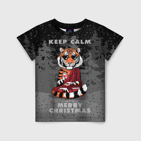 Детская футболка 3D с принтом Keep calm and Merry Christmas в Санкт-Петербурге, 100% гипоаллергенный полиэфир | прямой крой, круглый вырез горловины, длина до линии бедер, чуть спущенное плечо, ткань немного тянется | 2022 | beast | buddhist | heart | keep calm and merry christmas | meditation | new year | spruce forest | tiger | year of the tiger | буддист | год тигра | ельник | зверь | медитация | новый год | сердце | тигр | черные очки