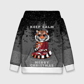 Детская толстовка 3D с принтом Keep calm and Merry Christmas в Санкт-Петербурге, 100% полиэстер | двухслойный капюшон со шнурком для регулировки, мягкие манжеты на рукавах и по низу толстовки, спереди карман-кенгуру с мягким внутренним слоем | Тематика изображения на принте: 2022 | beast | buddhist | heart | keep calm and merry christmas | meditation | new year | spruce forest | tiger | year of the tiger | буддист | год тигра | ельник | зверь | медитация | новый год | сердце | тигр | черные очки