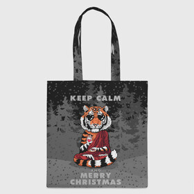 Шоппер 3D с принтом Keep calm and Merry Christmas в Санкт-Петербурге, 100% полиэстер | Плотность: 200 г/м2; Размер: 34×35 см; Высота лямок: 30 см | 2022 | beast | buddhist | heart | keep calm and merry christmas | meditation | new year | spruce forest | tiger | year of the tiger | буддист | год тигра | ельник | зверь | медитация | новый год | сердце | тигр | черные очки