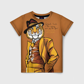 Детская футболка 3D с принтом Good luck in the coming year of the Tiger в Санкт-Петербурге, 100% гипоаллергенный полиэфир | прямой крой, круглый вырез горловины, длина до линии бедер, чуть спущенное плечо, ткань немного тянется | 2022 | gentleman | happy new year | hat | imposing | look | merry christmas | orange suit | predator | tiger | взгляд | год тигра | джентльмен | новый год | оранжевый костюм | рождество | тигр | хищник | шляпа