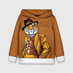 Детская толстовка 3D с принтом Good luck in the coming year of the Tiger в Санкт-Петербурге, 100% полиэстер | двухслойный капюшон со шнурком для регулировки, мягкие манжеты на рукавах и по низу толстовки, спереди карман-кенгуру с мягким внутренним слоем | 2022 | gentleman | happy new year | hat | imposing | look | merry christmas | orange suit | predator | tiger | взгляд | год тигра | джентльмен | новый год | оранжевый костюм | рождество | тигр | хищник | шляпа