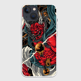 Чехол для iPhone 13 с принтом БОГ ГРОМА РАЙДЗИН в Санкт-Петербурге,  |  | demon | evil | god | japan | raijin | red | samurai | бог | буддизм | восток | гроза | гром | демон | дьявол | зло | красный | молния | райдзин | самурай | япония