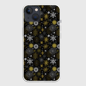Чехол для iPhone 13 с принтом Зимние Узоры (золотые) в Санкт-Петербурге,  |  | merry christmas | дед мороз | ёлка | зима | мороз | новый год | подарок | праздник | рождество | с новым годом | сантаклаус | снег | снеговик | снегурочка | снежинки | снежные узоры | узоры
