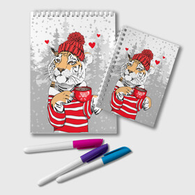 Блокнот с принтом Тигр с чашкой кофе в Санкт-Петербурге, 100% бумага | 48 листов, плотность листов — 60 г/м2, плотность картонной обложки — 250 г/м2. Листы скреплены удобной пружинной спиралью. Цвет линий — светло-серый
 | Тематика изображения на принте: 2022 | a cup of coffee | fir forest | happy new year | hearts | merry christmas | red hat | striped fur coat | tiger | year of the tiger | год тигра | еловый лес | красная шапка | новый год | полосатая шуба | рождество | сердца | тигр | чашка кофе
