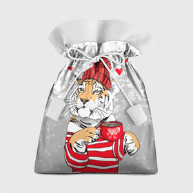 Подарочный 3D мешок с принтом Тигр с чашкой кофе в Санкт-Петербурге, 100% полиэстер | Размер: 29*39 см | Тематика изображения на принте: 2022 | a cup of coffee | fir forest | happy new year | hearts | merry christmas | red hat | striped fur coat | tiger | year of the tiger | год тигра | еловый лес | красная шапка | новый год | полосатая шуба | рождество | сердца | тигр | чашка кофе