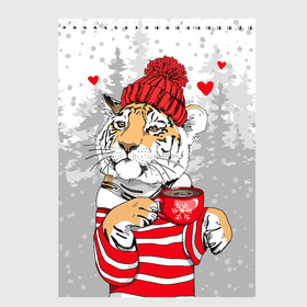 Скетчбук с принтом Тигр с чашкой кофе в Санкт-Петербурге, 100% бумага
 | 48 листов, плотность листов — 100 г/м2, плотность картонной обложки — 250 г/м2. Листы скреплены сверху удобной пружинной спиралью | Тематика изображения на принте: 2022 | a cup of coffee | fir forest | happy new year | hearts | merry christmas | red hat | striped fur coat | tiger | year of the tiger | год тигра | еловый лес | красная шапка | новый год | полосатая шуба | рождество | сердца | тигр | чашка кофе