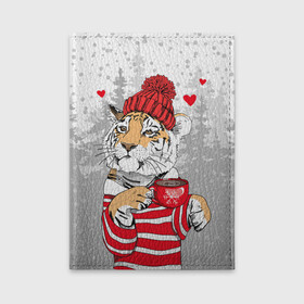 Обложка для автодокументов с принтом Тигр с чашкой кофе в Санкт-Петербурге, натуральная кожа |  размер 19,9*13 см; внутри 4 больших “конверта” для документов и один маленький отдел — туда идеально встанут права | Тематика изображения на принте: 2022 | a cup of coffee | fir forest | happy new year | hearts | merry christmas | red hat | striped fur coat | tiger | year of the tiger | год тигра | еловый лес | красная шапка | новый год | полосатая шуба | рождество | сердца | тигр | чашка кофе
