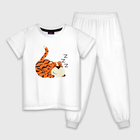 Детская пижама хлопок с принтом Спящий тигренок в Санкт-Петербурге, 100% хлопок |  брюки и футболка прямого кроя, без карманов, на брюках мягкая резинка на поясе и по низу штанин
 | Тематика изображения на принте: 2022 | год тигра | новый год | новый год 2022 | символ года | тигр | тигренок | тигрица | тигры