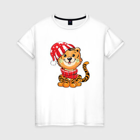 Женская футболка хлопок с принтом Тигренок в шапке и в шарфе в Санкт-Петербурге, 100% хлопок | прямой крой, круглый вырез горловины, длина до линии бедер, слегка спущенное плечо | 2022 | год тигра | новый год | новый год 2022 | символ года | тигр | тигренок | тигрица | тигры