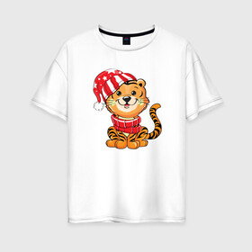 Женская футболка хлопок Oversize с принтом Тигренок в шапке и в шарфе в Санкт-Петербурге, 100% хлопок | свободный крой, круглый ворот, спущенный рукав, длина до линии бедер
 | 2022 | год тигра | новый год | новый год 2022 | символ года | тигр | тигренок | тигрица | тигры