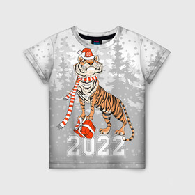 Детская футболка 3D с принтом Тигр с подарками в Санкт-Петербурге, 100% гипоаллергенный полиэфир | прямой крой, круглый вырез горловины, длина до линии бедер, чуть спущенное плечо, ткань немного тянется | Тематика изображения на принте: 2022 | fir forest | gifts | happy new year | merry christmas | red hat | santa claus | tiger | year of the tiger | год тигра | еловый лес | красная шапка | новый год | подарки | рождество | санта клаус | тигр