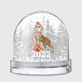 Игрушка Снежный шар с принтом Тигр с подарками в Санкт-Петербурге, Пластик | Изображение внутри шара печатается на глянцевой фотобумаге с двух сторон | 2022 | fir forest | gifts | happy new year | merry christmas | red hat | santa claus | tiger | year of the tiger | год тигра | еловый лес | красная шапка | новый год | подарки | рождество | санта клаус | тигр