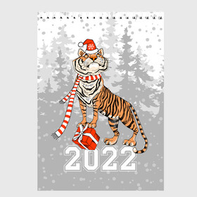 Скетчбук с принтом Тигр с подарками в Санкт-Петербурге, 100% бумага
 | 48 листов, плотность листов — 100 г/м2, плотность картонной обложки — 250 г/м2. Листы скреплены сверху удобной пружинной спиралью | 2022 | fir forest | gifts | happy new year | merry christmas | red hat | santa claus | tiger | year of the tiger | год тигра | еловый лес | красная шапка | новый год | подарки | рождество | санта клаус | тигр
