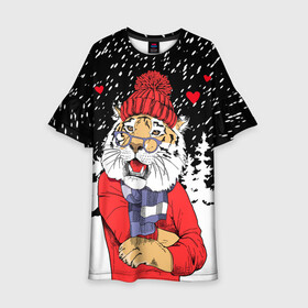 Детское платье 3D с принтом Тигр в красном в Санкт-Петербурге, 100% полиэстер | прямой силуэт, чуть расширенный к низу. Круглая горловина, на рукавах — воланы | Тематика изображения на принте: 2022 | fir forest | happy new year | hearts | merry christmas | red hat | santa claus | scarf | snow | tiger | year of the tiger | год тигра | еловый лес | красная шапка | новый год | очки | рождество | санта клаус | сердца | снег | тигр | шарф