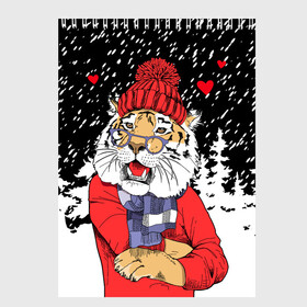 Скетчбук с принтом Тигр в красном в Санкт-Петербурге, 100% бумага
 | 48 листов, плотность листов — 100 г/м2, плотность картонной обложки — 250 г/м2. Листы скреплены сверху удобной пружинной спиралью | 2022 | fir forest | happy new year | hearts | merry christmas | red hat | santa claus | scarf | snow | tiger | year of the tiger | год тигра | еловый лес | красная шапка | новый год | очки | рождество | санта клаус | сердца | снег | тигр | шарф