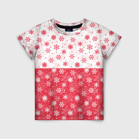 Детская футболка 3D с принтом Снежинки (красно белые) в Санкт-Петербурге, 100% гипоаллергенный полиэфир | прямой крой, круглый вырез горловины, длина до линии бедер, чуть спущенное плечо, ткань немного тянется | merry christmas | дед мороз | ёлка | зима | мороз | новый год | подарок | праздник | рождество | с новым годом | сантаклаус | снег | снеговик | снегурочка | снежинки | снежные узоры | узоры