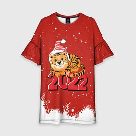 Детское платье 3D с принтом Тигренок 2022 год  цифрами в Санкт-Петербурге, 100% полиэстер | прямой силуэт, чуть расширенный к низу. Круглая горловина, на рукавах — воланы | 2022 | год тигра | новый год | новый год 2022 | символ года | тигр | тигренок | тигрица | тигры