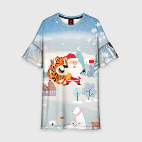 Детское платье 3D с принтом Санта и тигр делают сэлфи в Санкт-Петербурге, 100% полиэстер | прямой силуэт, чуть расширенный к низу. Круглая горловина, на рукавах — воланы | 2022 | год тигра | новый год | новый год 2022 | символ года | тигр | тигренок | тигрица | тигры