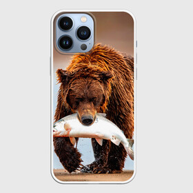 Чехол для iPhone 13 Pro Max с принтом Медведь с рыбой во рту в Санкт-Петербурге,  |  | Тематика изображения на принте: bear | дикие | животные | звери | лес | медведь | мишка | природа | русская рыбалка | рыба