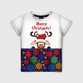 Детская футболка 3D с принтом Merry Christmas (оленёнок) в Санкт-Петербурге, 100% гипоаллергенный полиэфир | прямой крой, круглый вырез горловины, длина до линии бедер, чуть спущенное плечо, ткань немного тянется | christmas | merry christmas | santa claus | дед мороз | ёлка | новогодние олени | новый год | оленёнок бэмби | оленёнок рудольф | орнамент | с новым годом | сантаклаус | свитер с оленями | снегурочка | снежинки | узоры