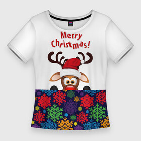 Женская футболка 3D Slim с принтом Merry Christmas (оленёнок) в Санкт-Петербурге,  |  | christmas | merry christmas | santa claus | дед мороз | ёлка | новогодние олени | новый год | оленёнок бэмби | оленёнок рудольф | орнамент | с новым годом | сантаклаус | свитер с оленями | снегурочка | снежинки | узоры