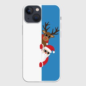 Чехол для iPhone 13 mini с принтом Крутые Санта и Олень в Санкт-Петербурге,  |  | christmas | merry christmas | santa claus | в очках | дед мороз | ёлка | новогодние олени | новый год | оленёнок бэмби | оленёнок рудольф | с новым годом | сантаклаус | свитер с оленями | северный олень | снегурочка