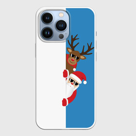 Чехол для iPhone 13 Pro с принтом Крутые Санта и Олень в Санкт-Петербурге,  |  | christmas | merry christmas | santa claus | в очках | дед мороз | ёлка | новогодние олени | новый год | оленёнок бэмби | оленёнок рудольф | с новым годом | сантаклаус | свитер с оленями | северный олень | снегурочка