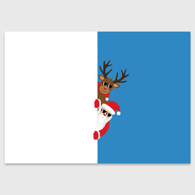 Поздравительная открытка с принтом Крутые Санта и Олень в Санкт-Петербурге, 100% бумага | плотность бумаги 280 г/м2, матовая, на обратной стороне линовка и место для марки
 | christmas | merry christmas | santa claus | в очках | дед мороз | ёлка | новогодние олени | новый год | оленёнок бэмби | оленёнок рудольф | с новым годом | сантаклаус | свитер с оленями | северный олень | снегурочка
