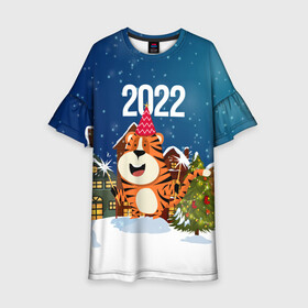Детское платье 3D с принтом Тигр   новый год 2022 в Санкт-Петербурге, 100% полиэстер | прямой силуэт, чуть расширенный к низу. Круглая горловина, на рукавах — воланы | 2022 | год тигра | новый год | новый год 2022 | символ года | тигр | тигренок | тигрица | тигры