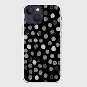 Чехол для iPhone 13 mini с принтом Кружочки на черном фоне в Санкт-Петербурге,  |  | белое | горох | горошек | краска | круги | круглое | круглые | кружки | кружочки | мазки | орнамент | паттерн | принт | пятна | пятнышки | серое | узор | чб | чернобелое | черное