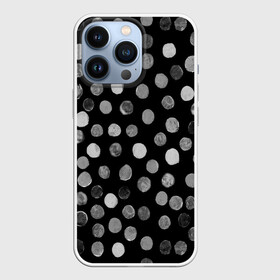 Чехол для iPhone 13 Pro с принтом Кружочки на черном фоне в Санкт-Петербурге,  |  | белое | горох | горошек | краска | круги | круглое | круглые | кружки | кружочки | мазки | орнамент | паттерн | принт | пятна | пятнышки | серое | узор | чб | чернобелое | черное