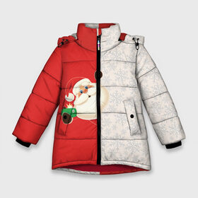 Зимняя куртка для девочек 3D с принтом Дед Мороз (селфи) в Санкт-Петербурге, ткань верха — 100% полиэстер; подклад — 100% полиэстер, утеплитель — 100% полиэстер. | длина ниже бедра, удлиненная спинка, воротник стойка и отстегивающийся капюшон. Есть боковые карманы с листочкой на кнопках, утяжки по низу изделия и внутренний карман на молнии. 

Предусмотрены светоотражающий принт на спинке, радужный светоотражающий элемент на пуллере молнии и на резинке для утяжки. | Тематика изображения на принте: christmas | merry christmas | santa claus | дед мороз | ёлка | зима | мороз | новый год | подарок | праздник | рождество | с новым годом | санта клаус | селфи | снегурочка | телефон | фото