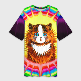 Платье-футболка 3D с принтом Psychedelic Rainbow Cat в Санкт-Петербурге,  |  | benedict cumberbatch | louis wain | louis wains cats | psychedelic rainbow cat | the electrical life | антропоморфный | бенедикт камбербэтч | известный художник | кошачьи миры луиса уэйна | луис вэйн | луис уэйн | радуга | радужный кот