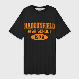 Платье-футболка 3D с принтом Haddonfield High School 1978 в Санкт-Петербурге,  |  | face | haddonfield | halloween | high | killer | leather | maniac | michael | myers | mystic | school | uniform | кожаное | лицо | майерс | майкл | мистика | старшая | униформа | форма | хаддонифилд | хэллоуин | ш