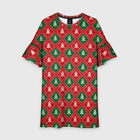 Детское платье 3D с принтом Ёлочки (красно зелёные) в Санкт-Петербурге, 100% полиэстер | прямой силуэт, чуть расширенный к низу. Круглая горловина, на рукавах — воланы | merry christmas | бабушкин свитер | дед мороз | ёлка | елочные шары | новогодний подарок | новый год | подарок | природа | рождество | свитер | свитер с ёлками | снежинки