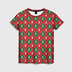 Женская футболка 3D с принтом Ёлочки (красно зелёные) в Санкт-Петербурге, 100% полиэфир ( синтетическое хлопкоподобное полотно) | прямой крой, круглый вырез горловины, длина до линии бедер | merry christmas | бабушкин свитер | дед мороз | ёлка | елочные шары | новогодний подарок | новый год | подарок | природа | рождество | свитер | свитер с ёлками | снежинки