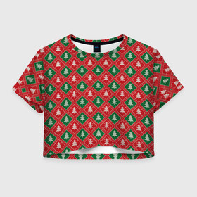 Женская футболка Crop-top 3D с принтом Ёлочки (красно зелёные) в Санкт-Петербурге, 100% полиэстер | круглая горловина, длина футболки до линии талии, рукава с отворотами | Тематика изображения на принте: merry christmas | бабушкин свитер | дед мороз | ёлка | елочные шары | новогодний подарок | новый год | подарок | природа | рождество | свитер | свитер с ёлками | снежинки