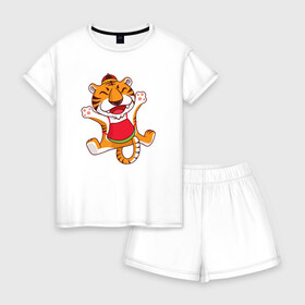 Женская пижама с шортиками хлопок с принтом Веселый тигр в прыжке в Санкт-Петербурге, 100% хлопок | футболка прямого кроя, шорты свободные с широкой мягкой резинкой | 2022 | год тигра | новый год | новый год 2022 | символ года | тигр | тигренок | тигрица | тигры
