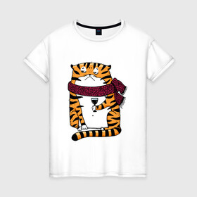 Женская футболка хлопок с принтом Недовольный тигр с бокалом вина в Санкт-Петербурге, 100% хлопок | прямой крой, круглый вырез горловины, длина до линии бедер, слегка спущенное плечо | 2022 | год тигра | новый год | новый год 2022 | символ года | тигр | тигренок | тигрица | тигры