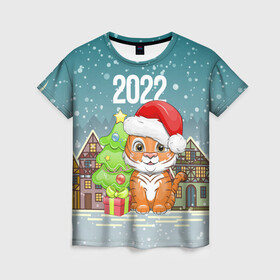 Женская футболка 3D с принтом Тигренок с елочкой в Санкт-Петербурге, 100% полиэфир ( синтетическое хлопкоподобное полотно) | прямой крой, круглый вырез горловины, длина до линии бедер | 2022 | год тигра | новый год | новый год 2022 | символ года | тигр | тигренок | тигрица | тигры