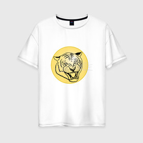 Женская футболка хлопок Oversize с принтом Тигр на новогоднем шарике в Санкт-Петербурге, 100% хлопок | свободный крой, круглый ворот, спущенный рукав, длина до линии бедер
 | golden | head | holiday | mascot | new year | symbol | tiger | year of the tiger | год тигра | голова | золотой | новый год | праздник | символ | талисман | тигр