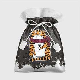 Подарочный 3D мешок с принтом Тигр с бокалом вина в Санкт-Петербурге, 100% полиэстер | Размер: 29*39 см | Тематика изображения на принте: 2022 | год тигра | новый год | новый год 2022 | символ года | тигр | тигренок | тигрица | тигры
