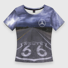 Женская футболка 3D Slim с принтом Мерседес, трасса 66 в Санкт-Петербурге,  |  | mercedes | nature | road | route | sky | speed | дорога | мерседес | небо | природа | скорость | трасса 66 | шоссе